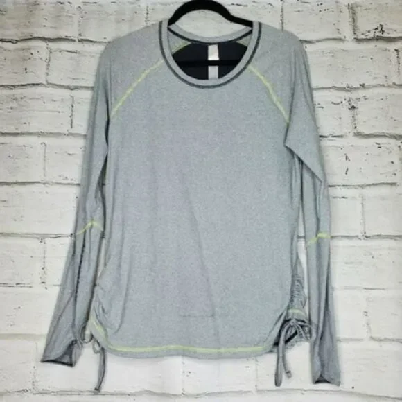 Lucy Tech Striped Ruched Top Womens Large Gray Thumb Hole Pullover Crew Shirt - Picture 1 of 9